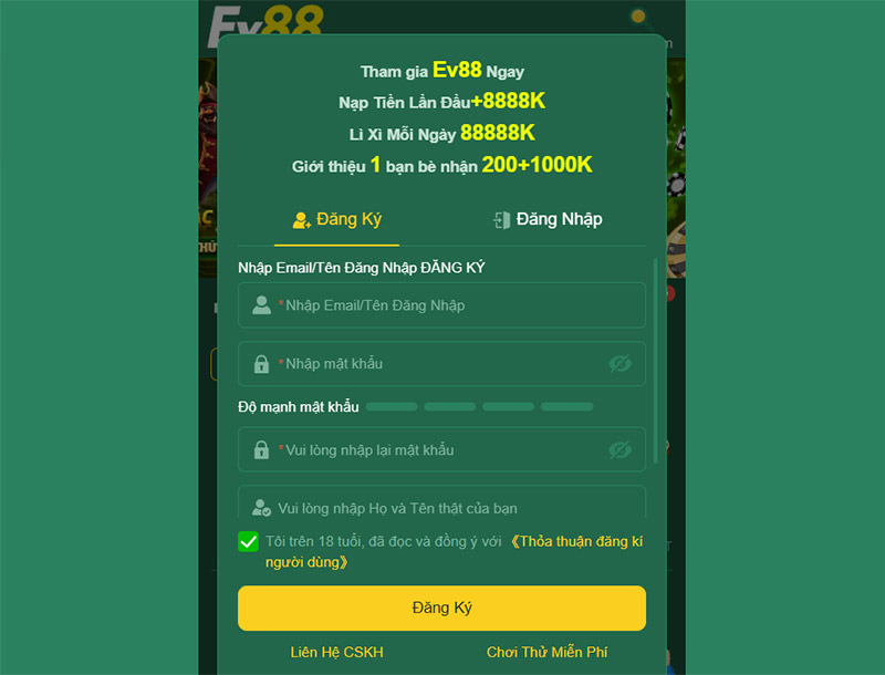 Đăng ký EV88: Hướng dẫn chi tiết từ A - Z cho người mới 1 Biểu mẫu đăng ký tài khoản trực tiếp trên website, ứng dụng