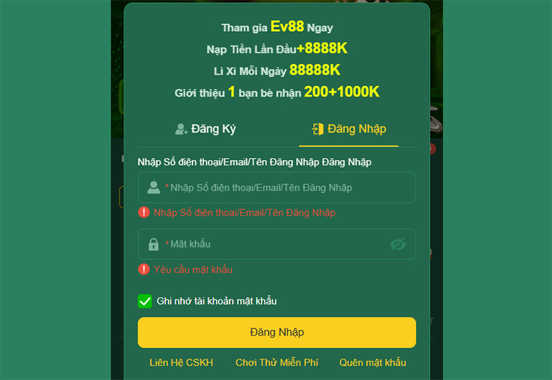 Đăng nhập EV88: Hướng dẫn chi tiết và cách khắc phục lỗi 1 Biểu mẫu đăng nhập trực tiếp