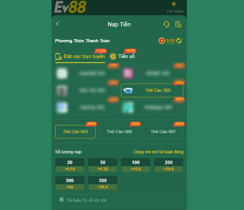 Nạp tiền EV88: Thực hiện dễ dàng nhận ngay ưu đãi khủng 3 Nạp thẻ cào vào EV88