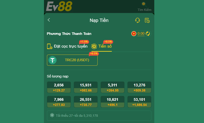 Nạp tiền EV88: Thực hiện dễ dàng nhận ngay ưu đãi khủng 4 Giao diện nạp tiền số