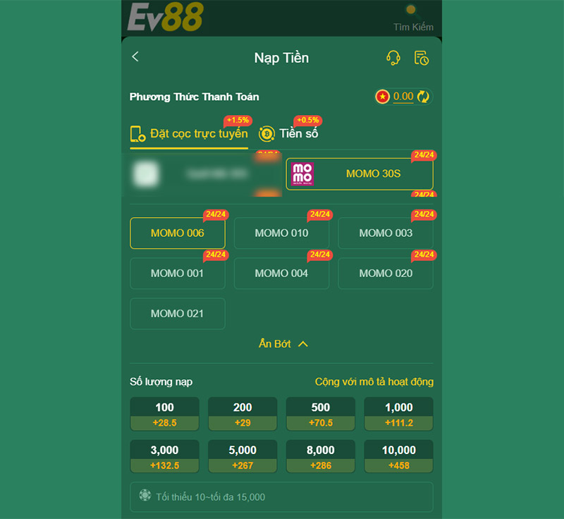 Nạp tiền EV88: Thực hiện dễ dàng nhận ngay ưu đãi khủng 2 Nạp tiền qua ví Momo mang với mốc tối thiểu chỉ từ 10.000 đồng